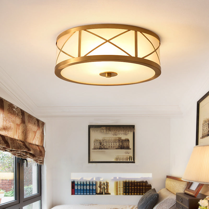 Classic Gold Glass Drum Flush Mount Lighting Fixture - Perfect for Corridors