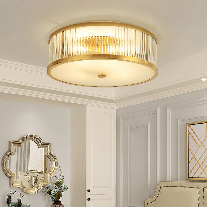 Minimalist Gold Drum Flush Mount Ceiling Light With Ribbed Glass - 4 Heads Ideal For Bedrooms