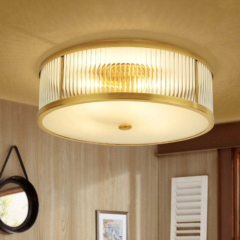 Minimalist Gold Drum Flush Mount Ceiling Light With Ribbed Glass - 4 Heads Ideal For Bedrooms