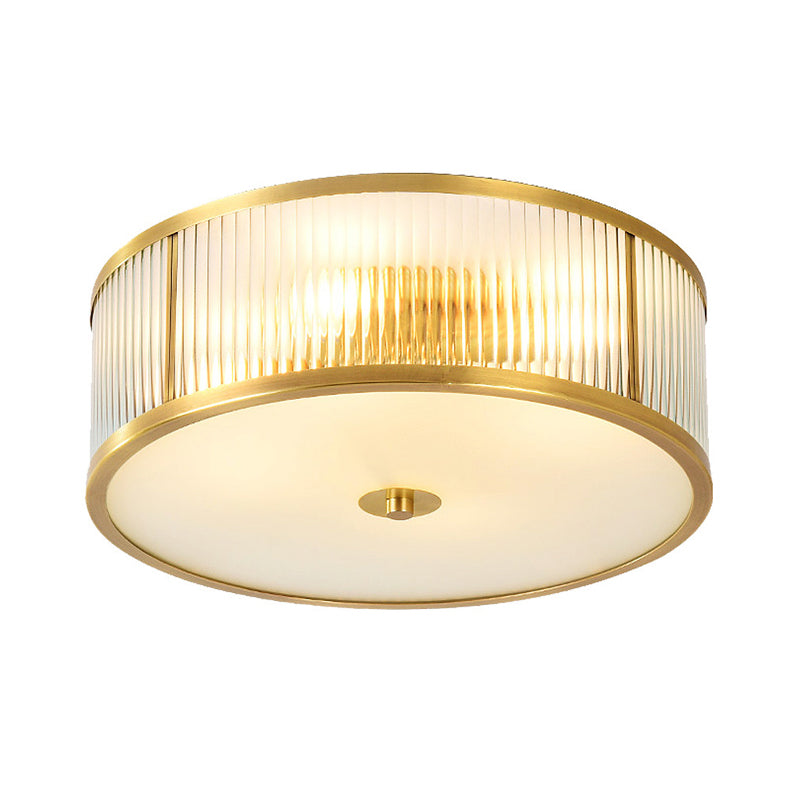 Minimalist Gold Drum Flush Mount Ceiling Light With Ribbed Glass - 4 Heads Ideal For Bedrooms