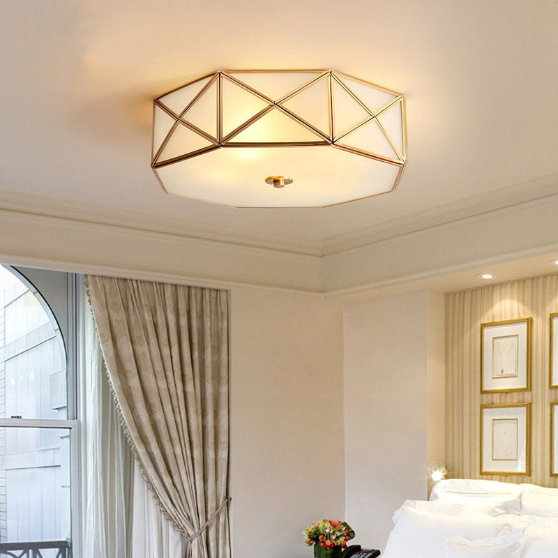 Simplicity Cream Glass Gold Geometric Bedroom Flush Ceiling Light Fixture