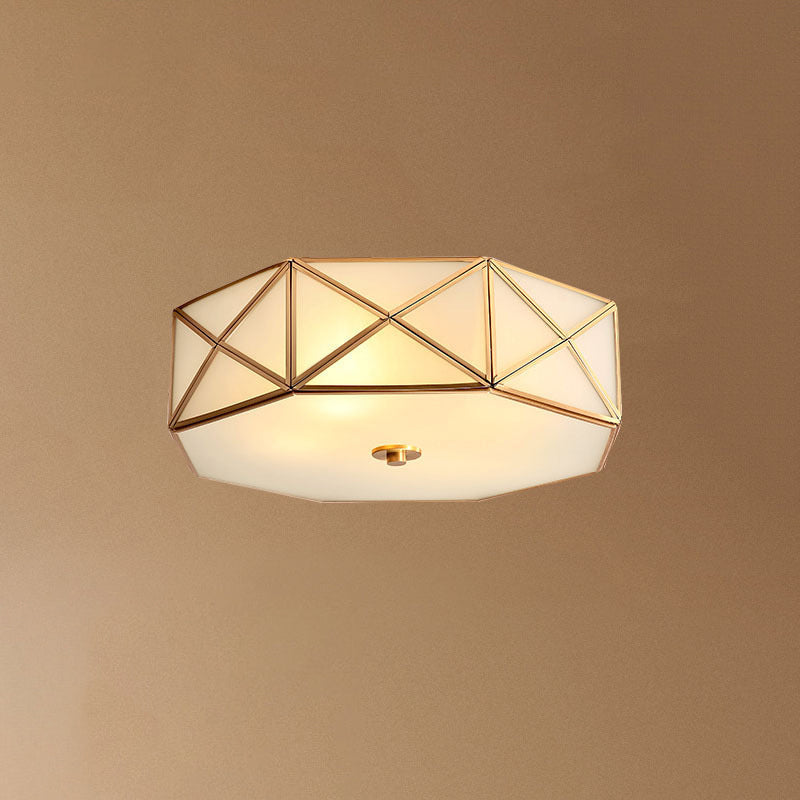 Simplicity Cream Glass Gold Geometric Bedroom Flush Ceiling Light Fixture