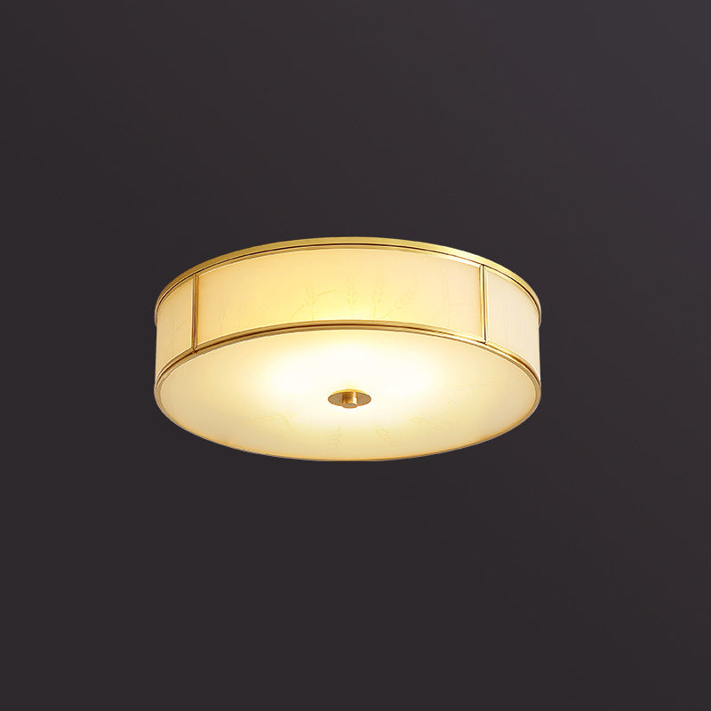 Opal Glass Cylinder Flush Mount Ceiling Light In Gold - Traditional Bedroom Lighting