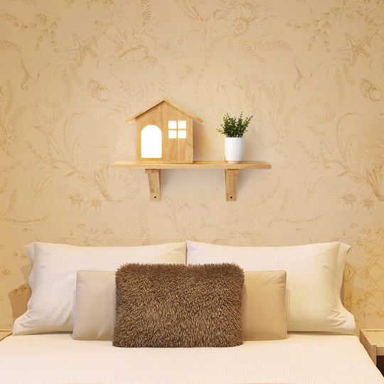 Cozy Wooden Led Wall Lamp With Shelf - Lovely Little House Style For Living Room Decor In Beige