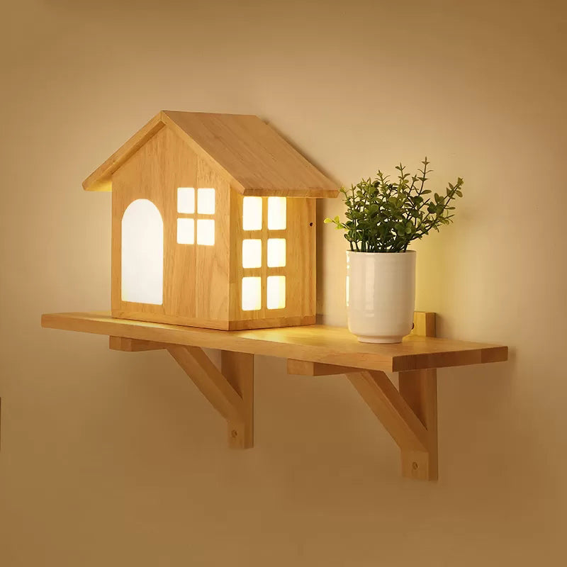 Cozy Wooden Led Wall Lamp With Shelf - Lovely Little House Style For Living Room Decor In Beige