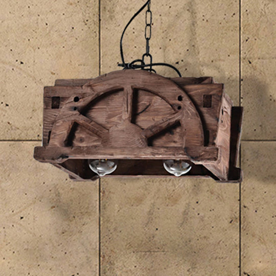 Modern Wood and Glass Pendant Chandelier with 2 Lights - Brown Rectangle Loft Style Fixture