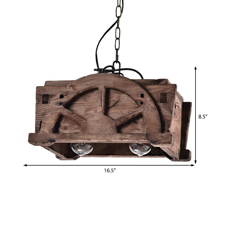 Modern Wood and Glass Pendant Chandelier with 2 Lights - Brown Rectangle Loft Style Fixture