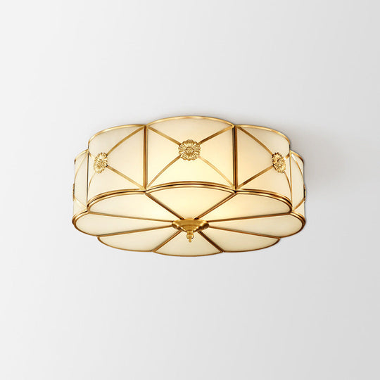 Classically Styled Scalloped Edge Living Room Flush Mount Light with Frost Glass & Gold Accent