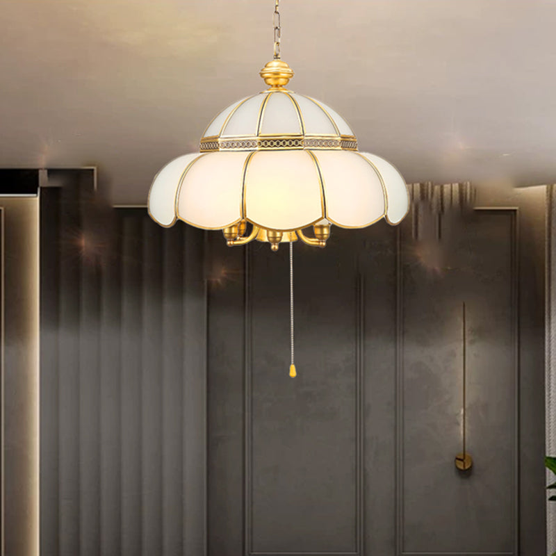 Traditional Gold Scalloped Corridor Chandelier Light - 6 Bulbs Cream Glass Suspension With Pull