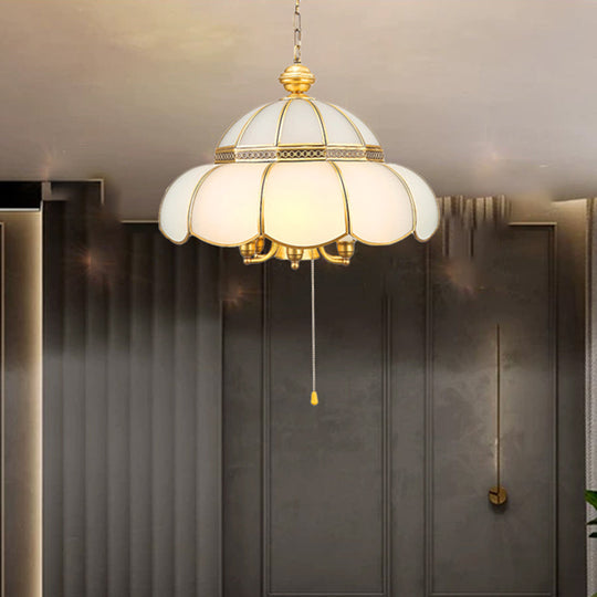 Traditional Gold Scalloped Corridor Chandelier Light - 6 Bulbs Cream Glass Suspension With Pull