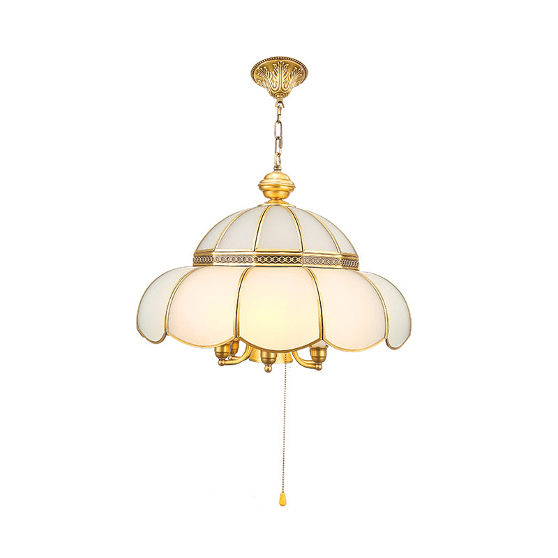 Traditional Gold Scalloped Corridor Chandelier Light - 6 Bulbs Cream Glass Suspension With Pull