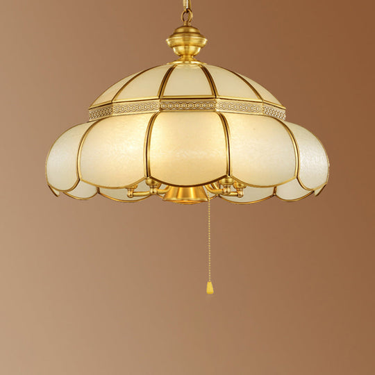 Traditional Gold Scalloped Corridor Chandelier Light - 6 Bulbs Cream Glass Suspension With Pull