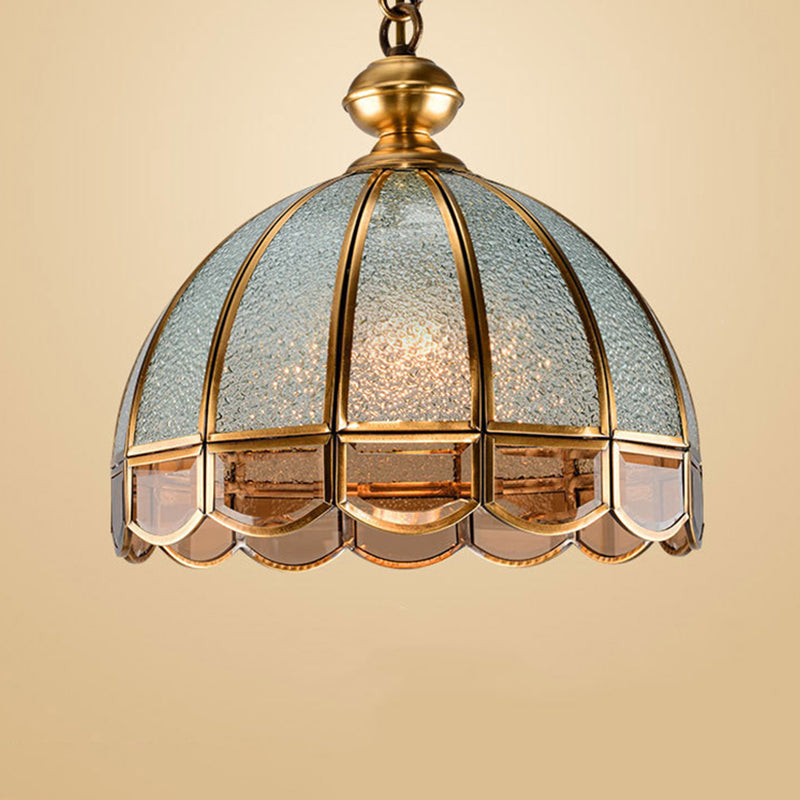 Vintage Gold Glass Pendant Light With Pull Chain For Study Rooms - Hemisphere Chandelier Scalloped