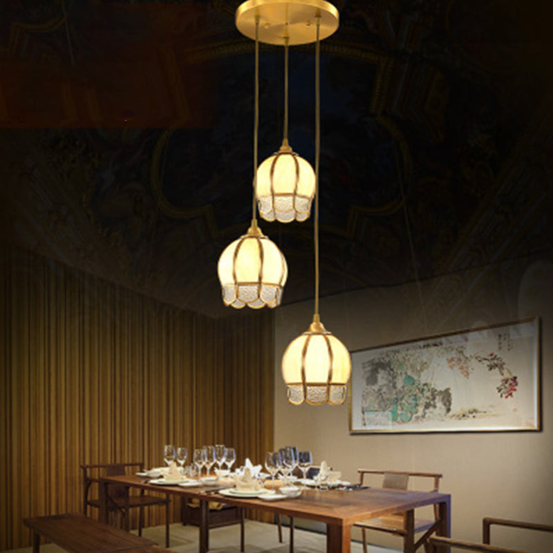 Simplicity Gold Ripple Glass Multi Ceiling Lamp With 3 Dome-Shaped Heads - Stylish Suspension Light