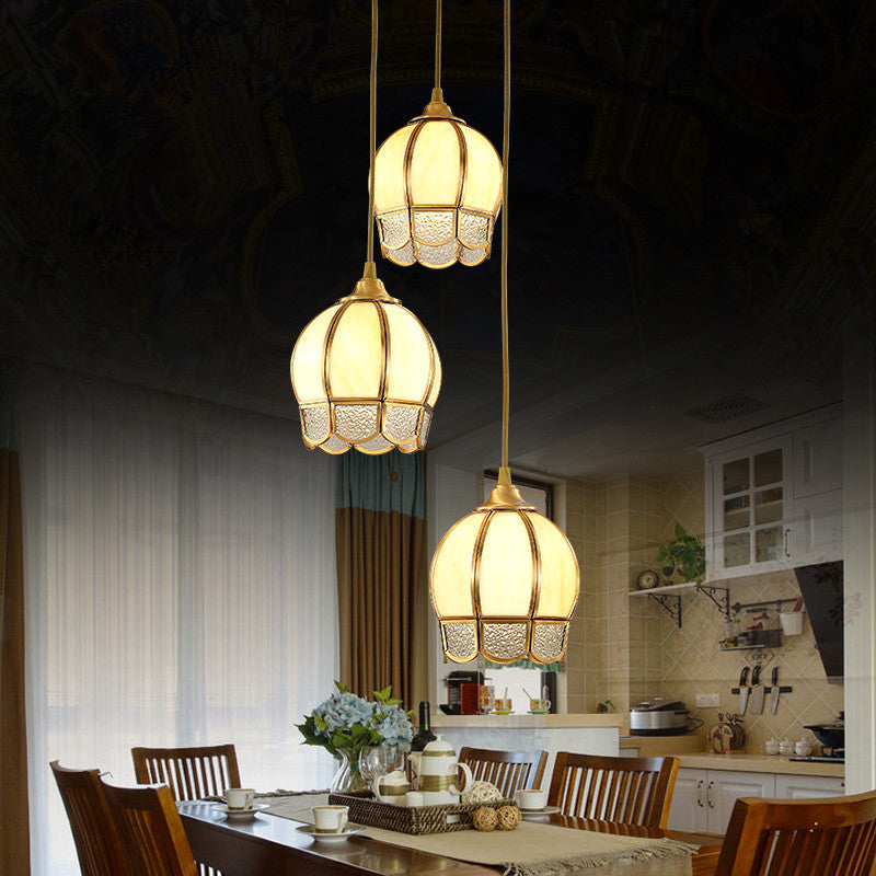 Simplicity Gold Ripple Glass Multi Ceiling Lamp With 3 Dome-Shaped Heads - Stylish Suspension Light