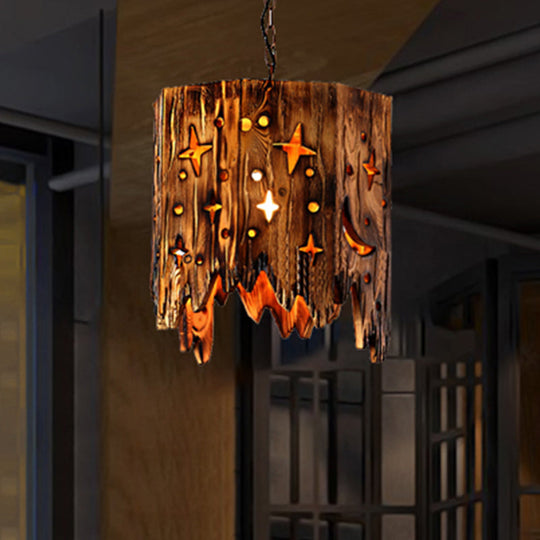 Vintage Wood Pendant Light With Etched Star Suspended Ceiling Fixture Bronze Finish Brown