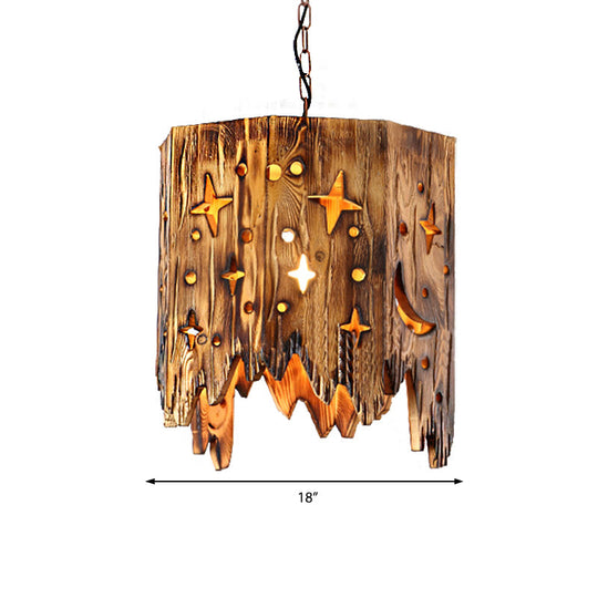 Vintage Wood Pendant Light With Etched Star Suspended Ceiling Fixture Bronze Finish