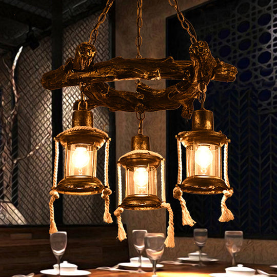 Coastal Bronze Chandelier Light Fixture with Clear Glass, 3 Lights and Kerosene Pendant Lamp