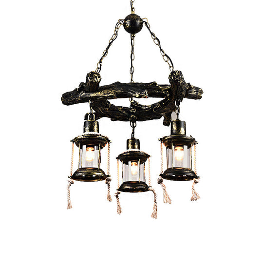 Coastal Bronze Chandelier Light Fixture with Clear Glass, 3 Lights and Kerosene Pendant Lamp