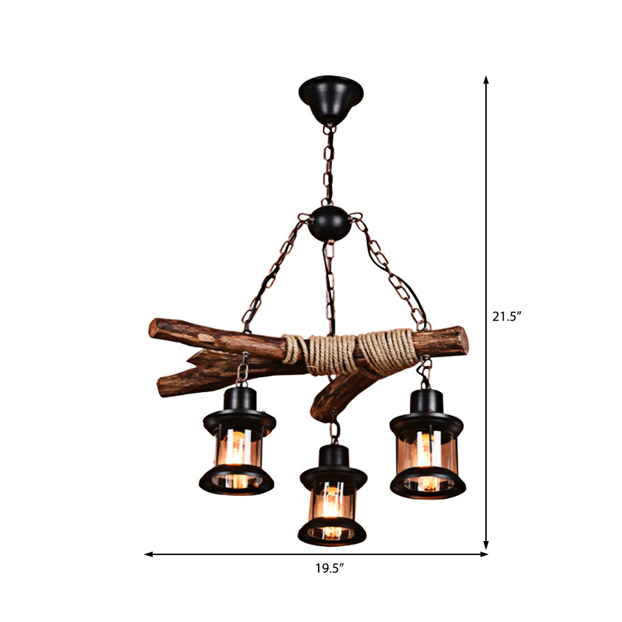 Coastal Lantern Chandelier with Clear Glass, 3 Lights, Black Finish, Chain & Wood