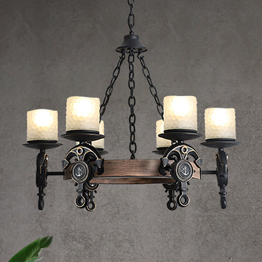 Frosted Glass Coastal Wagon Wheel Chandelier Pendant Light - 6-Light Corridor Hanging Fixture