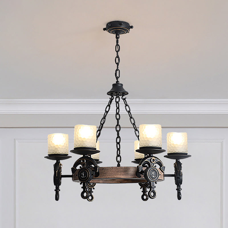 Coastal Wagon Wheel Chandelier With Frosted Texture Glass - 6-Light Pendant For Corridors