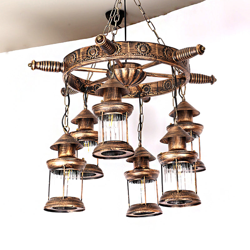 Vintage 6-Light Clear Glass Chandelier - Industrial Antique Brass Wagon Wheel Pendant Light for Dining Room