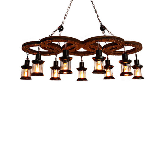 Coastal Lantern Chandelier: Clear Glass Lighting Pendant with Black Finish and Wooden Shelf