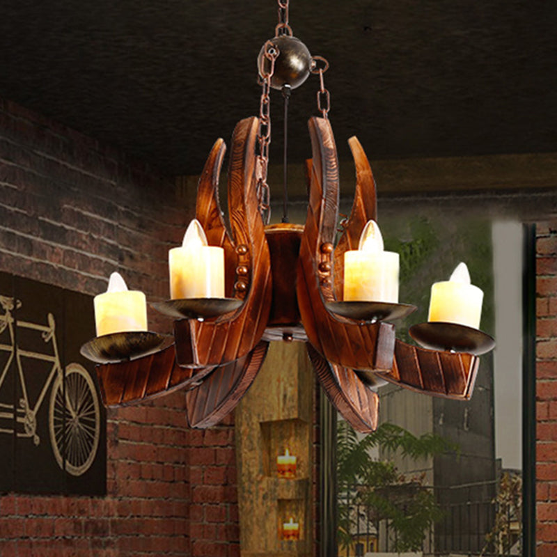 Rustic Cylinder Pendant Chandelier: Marble 4 Lights Brown With Wood Accents