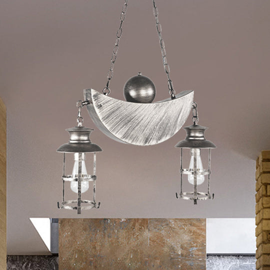 Retro Industrial Caged Pendant Chandelier - Metal 2 Lights Gold/Silver Hanging Fixture For Living