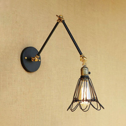 Wrought Iron Wire Cage Wall Sconce Light - Farmhouse Style Adjustable Arm Bronze/Brass Finish Brass