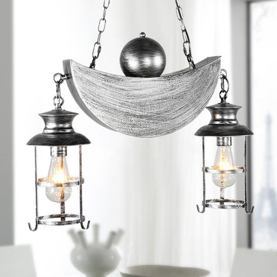 Retro Industrial Metal Pendant Chandelier with 2 Lights - Caged Living Room Fixture (Gold/Silver)