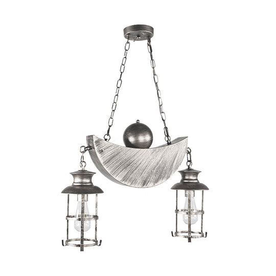 Retro Industrial Caged Pendant Chandelier - Metal 2 Lights Gold/Silver Hanging Fixture For Living