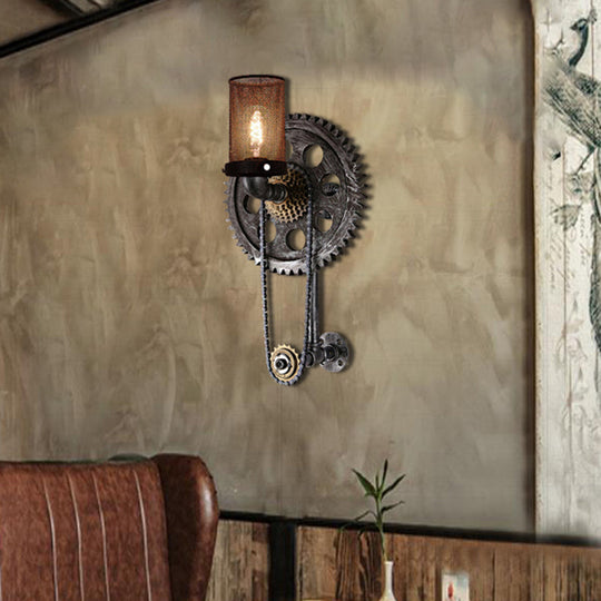 Industrial Metal Cylinder Wall Light: Vintage 1-Light Sconce Lamp With Antique Silver Finish And