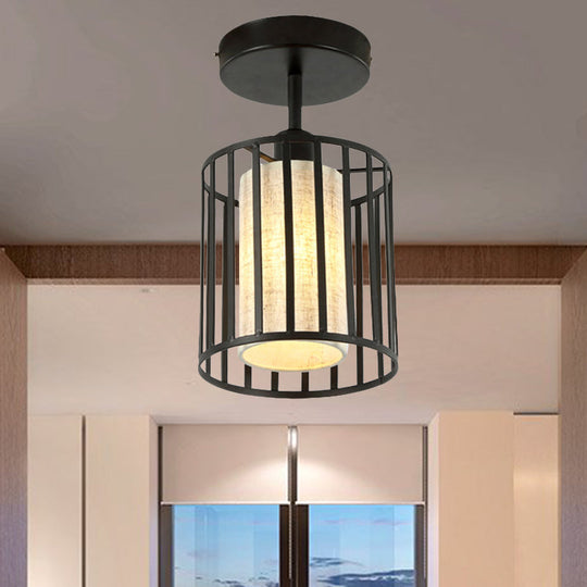 Industrial Black Metal Semi Flush Light with Fabric Shade - Perfect for Hallways and Corridors