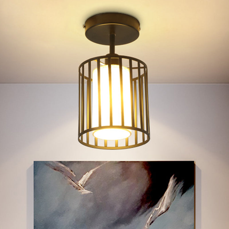 Industrial Black Metal Semi Flush Light with Fabric Shade - Perfect for Hallways and Corridors