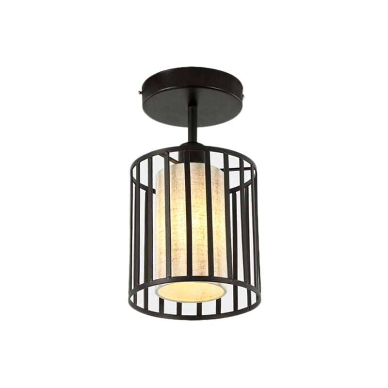 Industrial Black Metal Semi Flush Light with Fabric Shade - Perfect for Hallways and Corridors