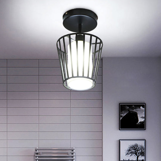 Industrial Black Metal Semi Flush Light with Fabric Shade - Perfect for Hallways and Corridors