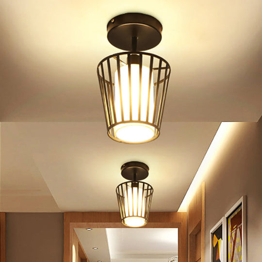 Industrial Black Metal Semi Flush Light with Fabric Shade - Perfect for Hallways and Corridors