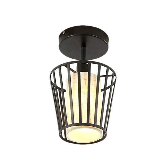 Industrial Black Metal Semi Flush Light with Fabric Shade - Perfect for Hallways and Corridors