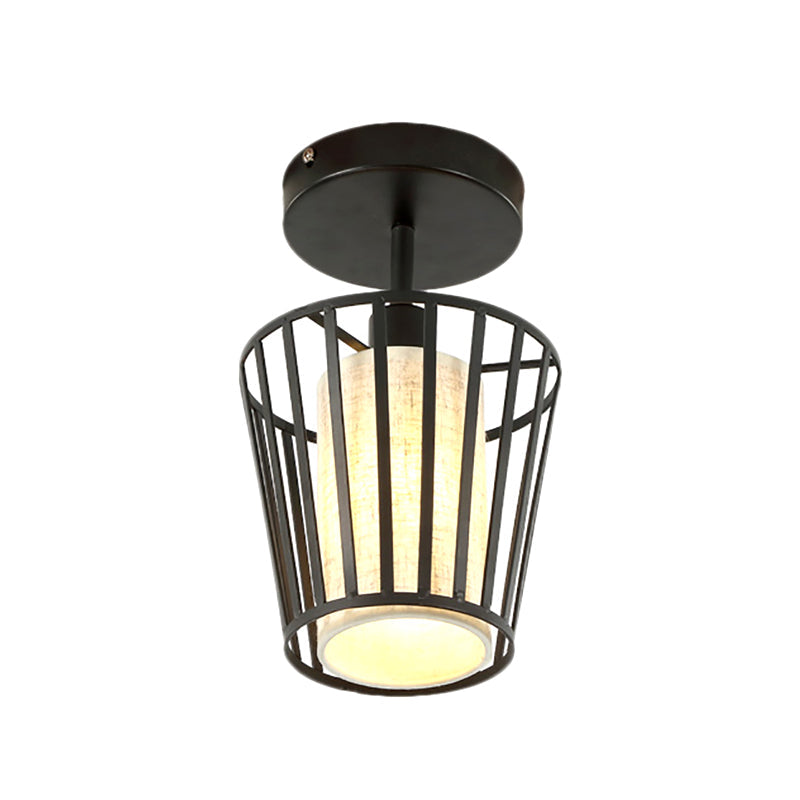 Industrial Black Metal Semi Flush Light With Fabric Shade - Perfect For Hallways And Corridors