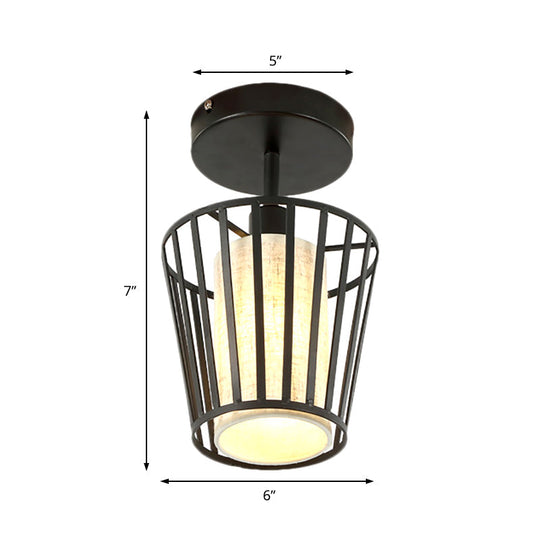 Industrial Black Metal Semi Flush Light with Fabric Shade - Perfect for Hallways and Corridors