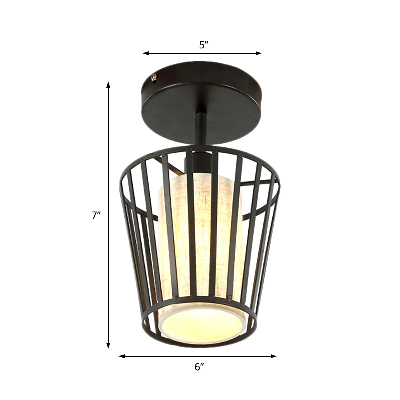 Industrial Black Metal Semi Flush Light With Fabric Shade - Perfect For Hallways And Corridors