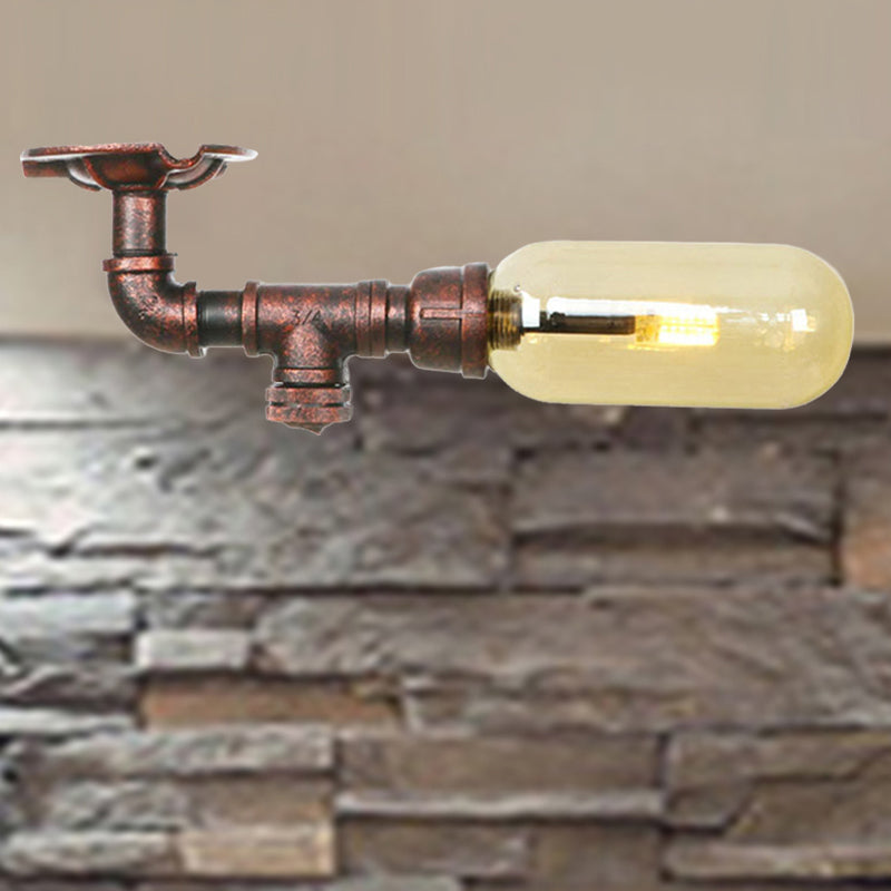 Amber Glass Semi Flush Oval Shade Light Fixture in Weathered Copper with Industrial Pipe Design for Living Room