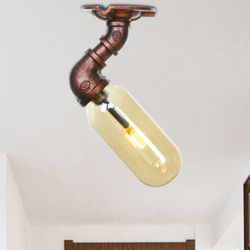 Amber Glass Semi Flush Oval Shade Light Fixture in Weathered Copper with Industrial Pipe Design for Living Room