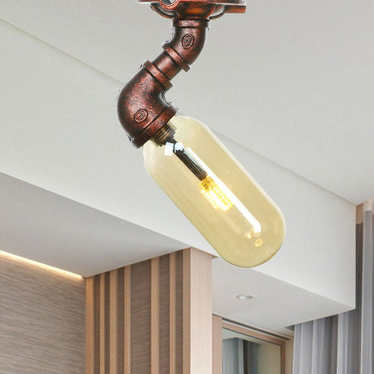 Amber Glass Semi Flush Oval Shade Light Fixture in Weathered Copper with Industrial Pipe Design for Living Room