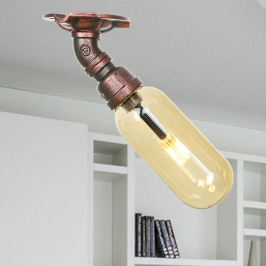 One Light Capsule Semi Flush Industrial Weathered Copper Amber Glass Light Fixture with Pipe Design