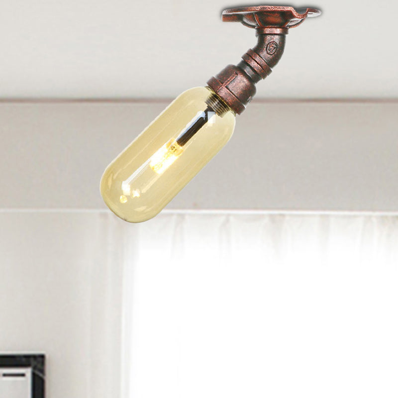 One Light Capsule Semi Flush Industrial Weathered Copper Amber Glass Light Fixture with Pipe Design