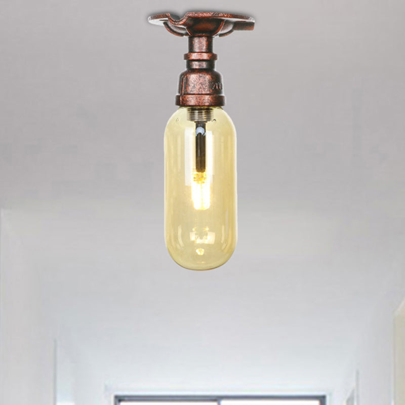 One Light Capsule Semi Flush Industrial Weathered Copper Amber Glass Light Fixture with Pipe Design