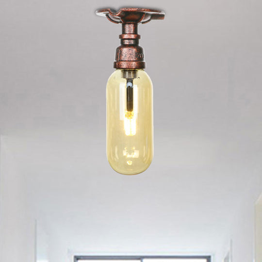 One Light Capsule Semi Flush Industrial Weathered Copper Amber Glass Fixture With Pipe Design